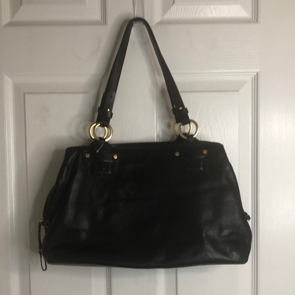 Black Textured Shoulder Bag with Gold Hardware Ellen Tracy